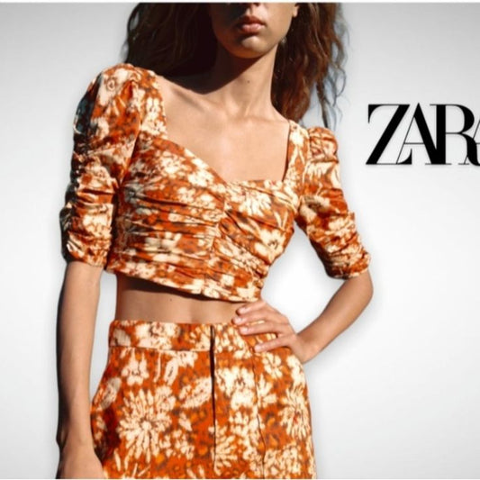 Zara Orange & Cream Animal Print Puff Sleeve Crop Top – Size 8/10 – NWT