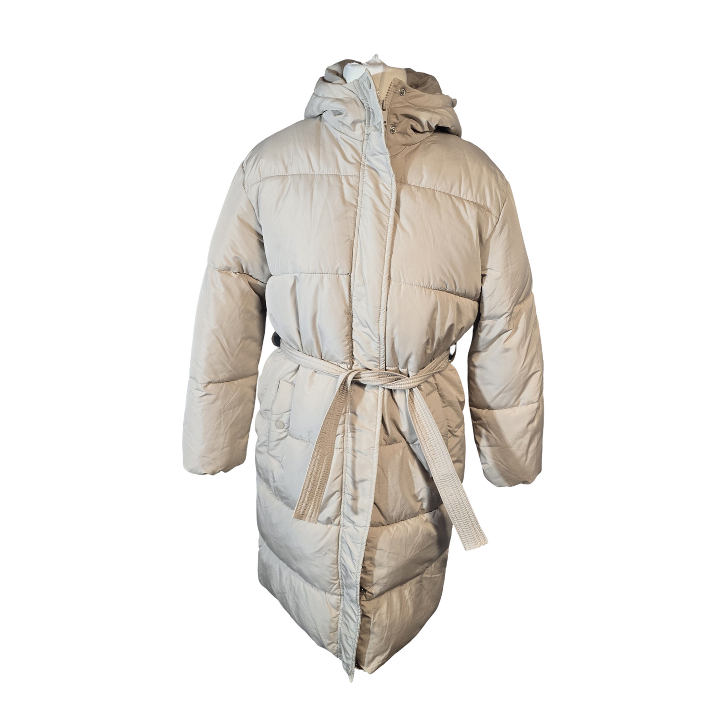 New Look Petite Cream Puffer Midi Coat – Belted, Hooded – Size 8