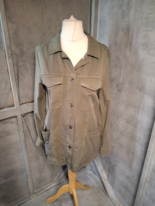 FatFace Khaki Green Lyocell-Cotton Shacket – Size L – Button Front Lightweight Jacket
