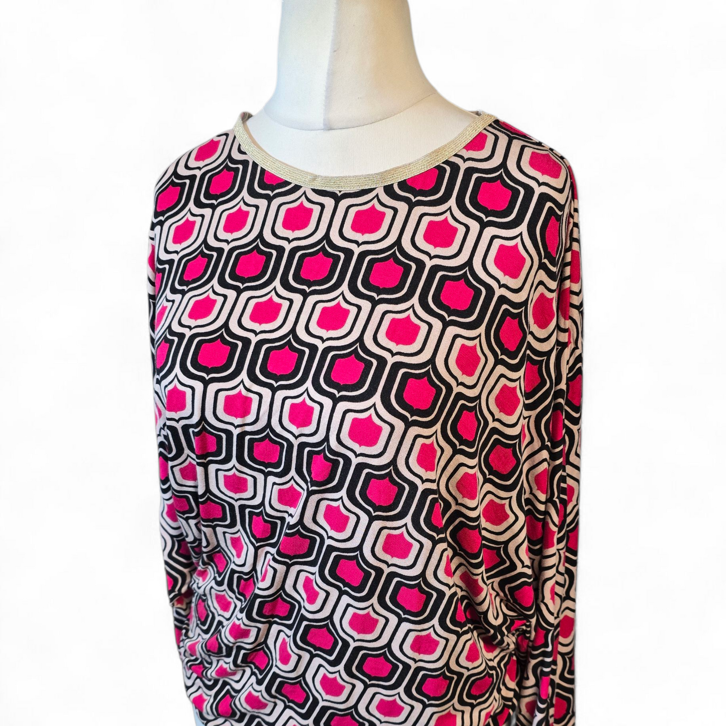 Bonmarché Pink, Black & Beige Patterned Top – Gold Trim, Batwing Sleeves – Size 12