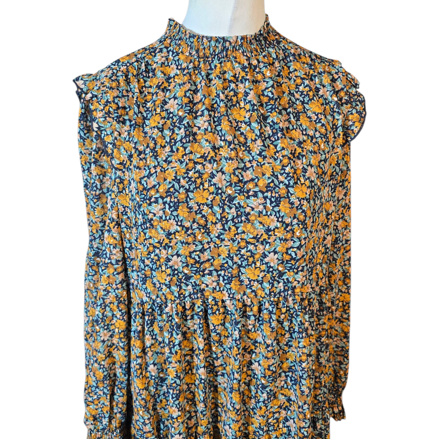 Warehouse Orange & Navy Floral Ruffle Dress – Size 12