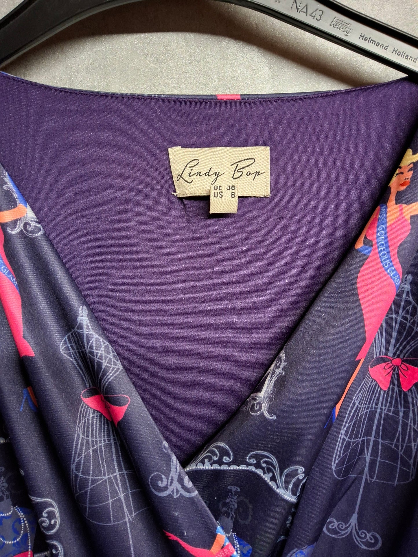 Lindy Bop Purple Glam Print Dress – Size 12 – Pockets & Flared Skirt