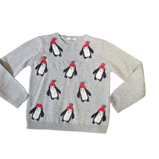 M&S Grey Girls Christmas Jumper – 11/12yrs – Penguin Pom Pom Knit Festive Sweater