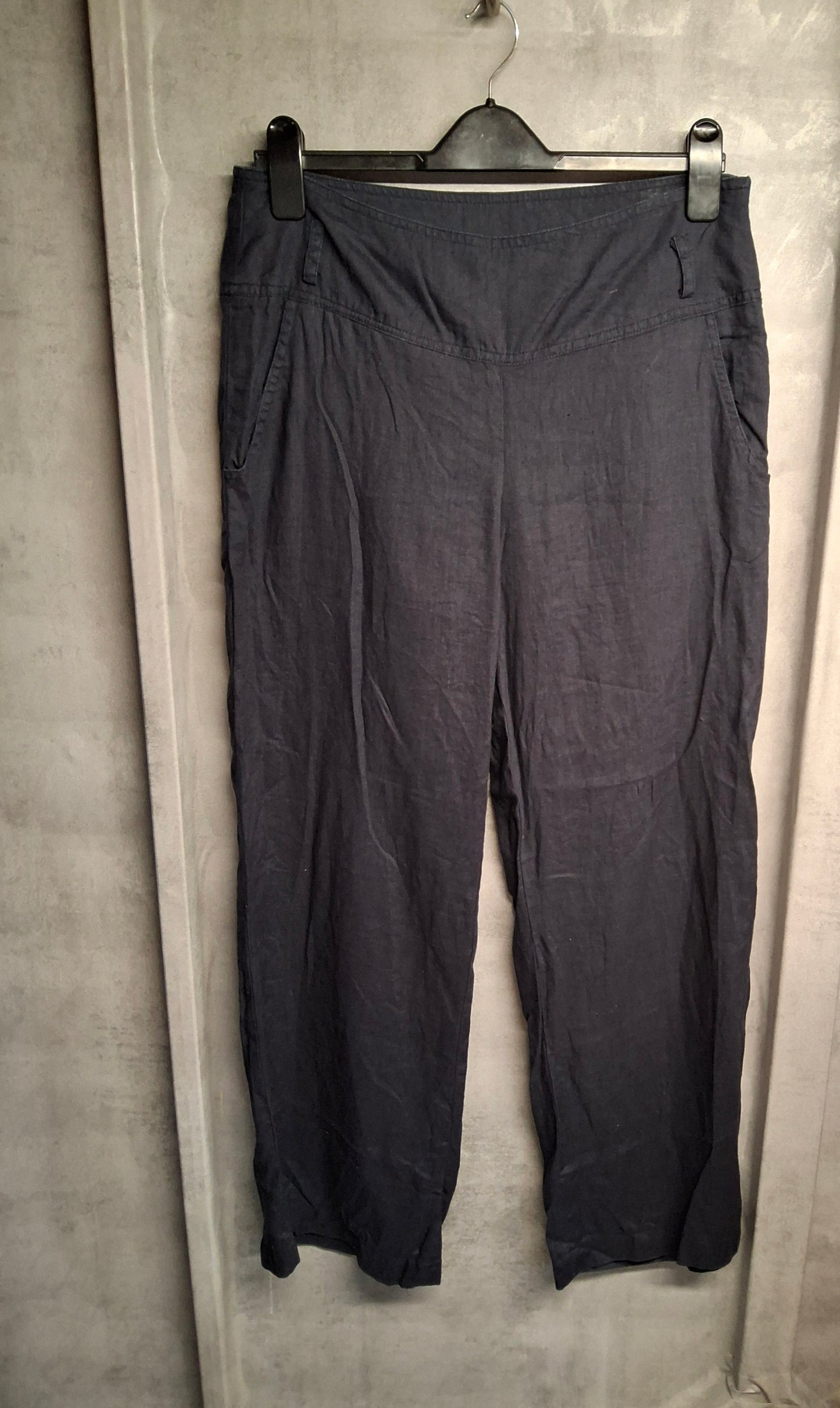 Solar Navy 100% Linen Trousers – Size 12 – Flared Leg & High Waist