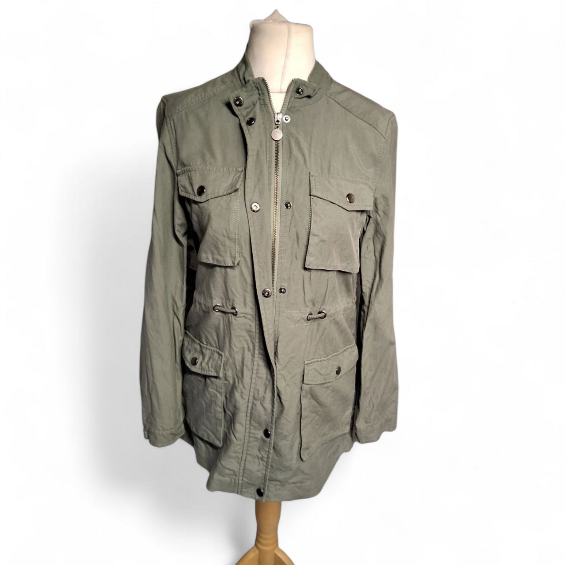 Thought Khaki Green Parka Jacket Size 10 – Lyocell/Cotton, Zip & Popper Close, Drawstring Waist