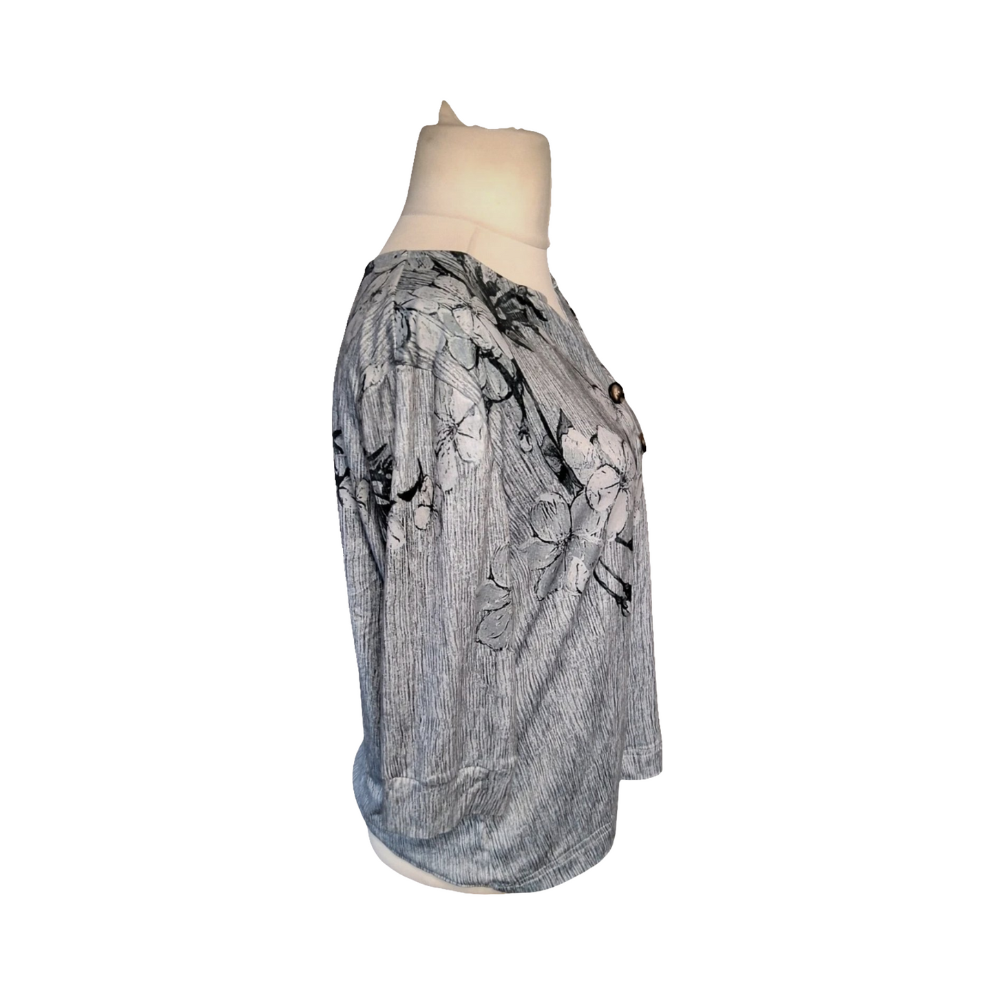 Grey Floral 3/4 Sleeve Stretchy Top – Size L (UK size 16/18) – Casual Everyday Style