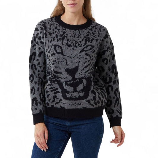 Qed London Grey & Black Animal Print Jumper – Slightly Cropped Oversized Style – Size 10/12