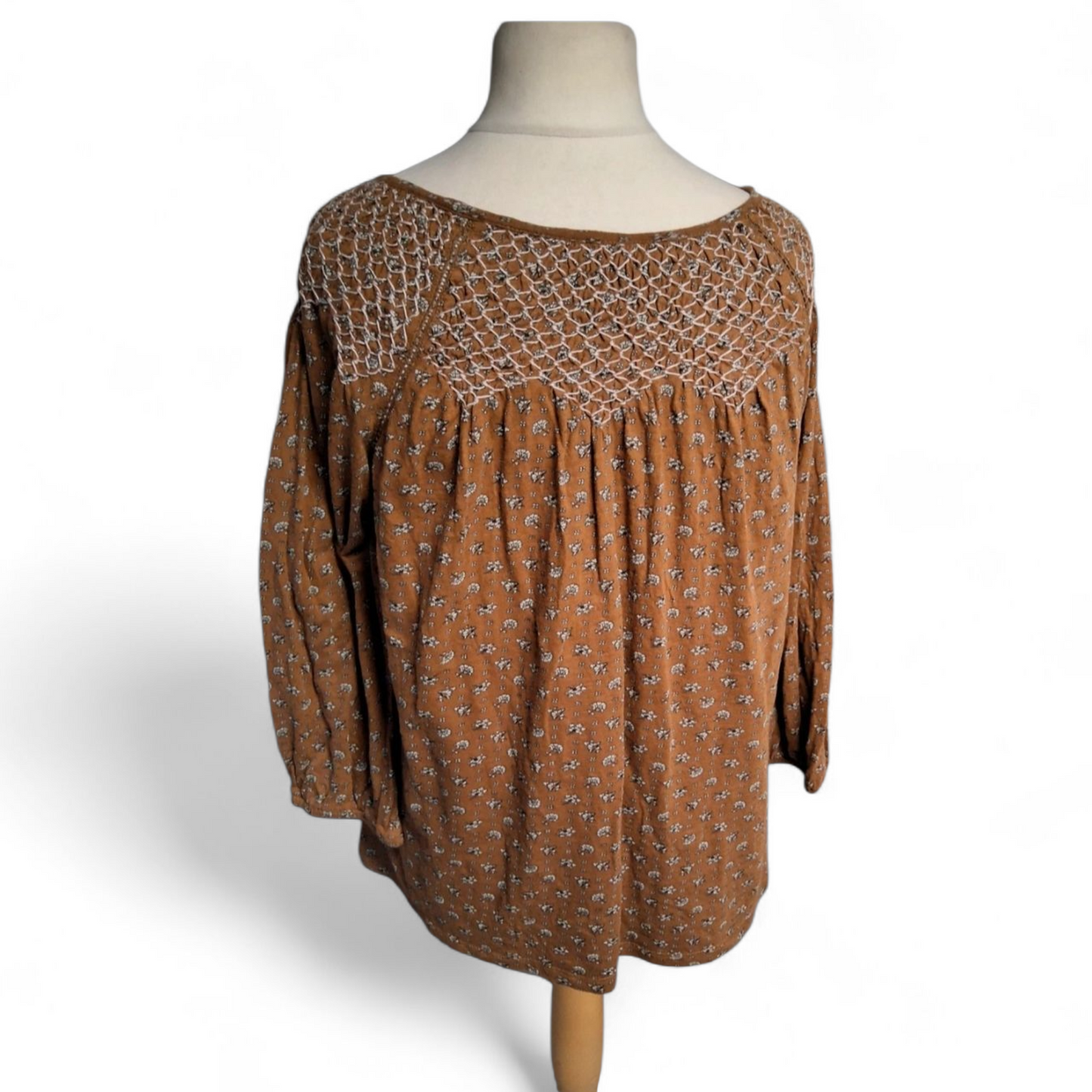 FatFace Brown Floral ¾ Sleeve Top – Size 14 – 100% Cotton
