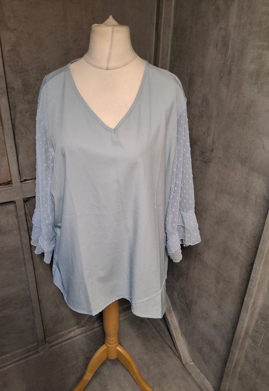Light Blue V-Neck Blouse with Sheer Polka Dot Sleeves – Size 3XL (20/22)