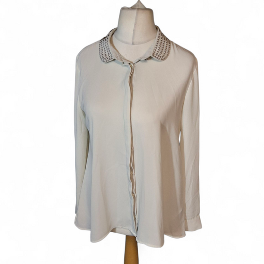 H&M Cream Sheer Blouse with Studded Collar – Flared Design – Size 12 (EU 40)
