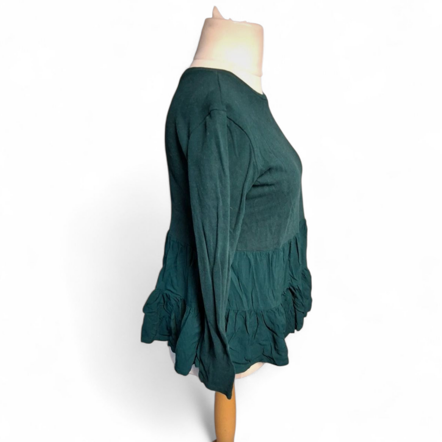 Zara Green Long Sleeve Jumper – Size S (UK size 8/10) – Frill Hem Layered Look