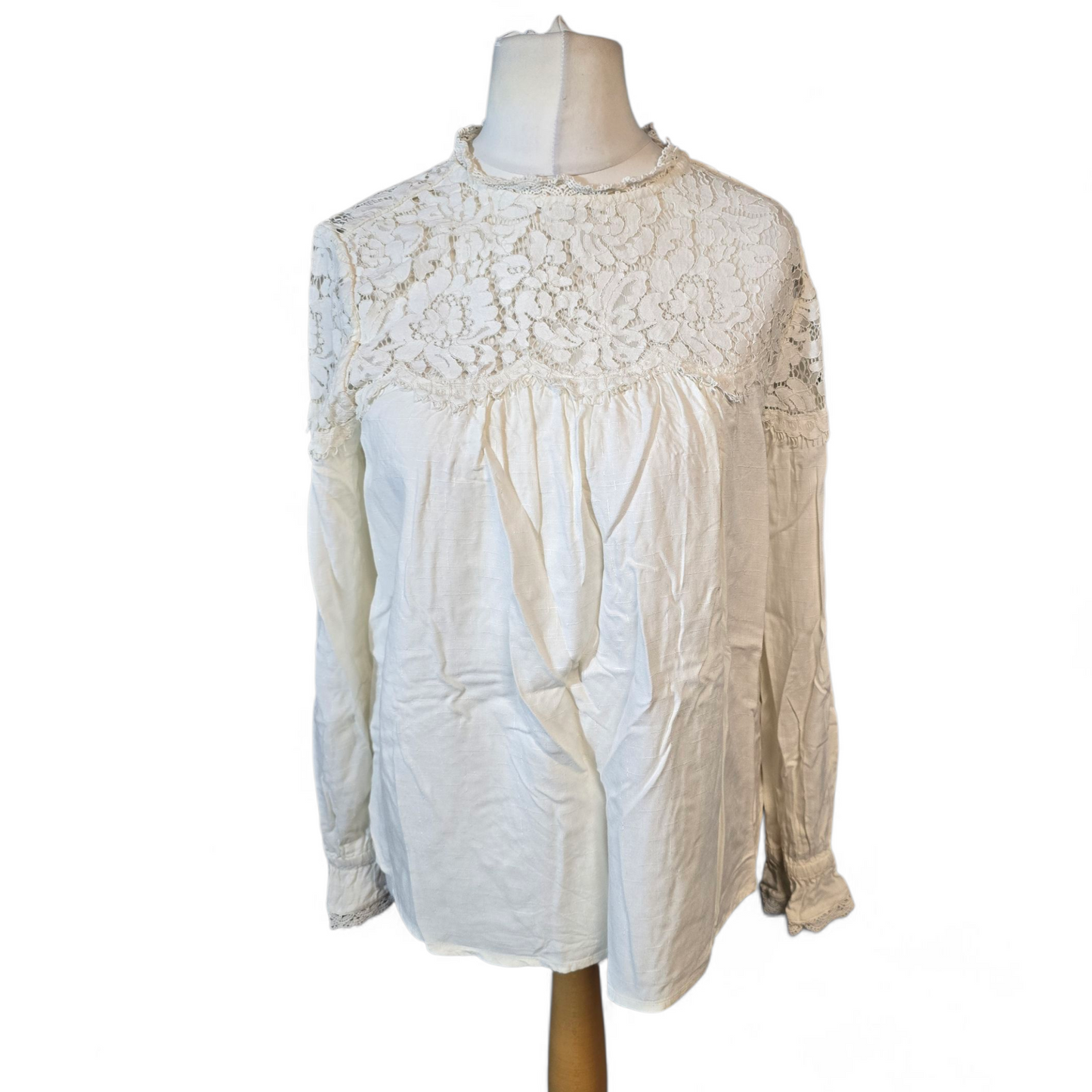 M&S White Lace High Neck Blouse – Frill Cuffs – Size 10 – 100% Viscose