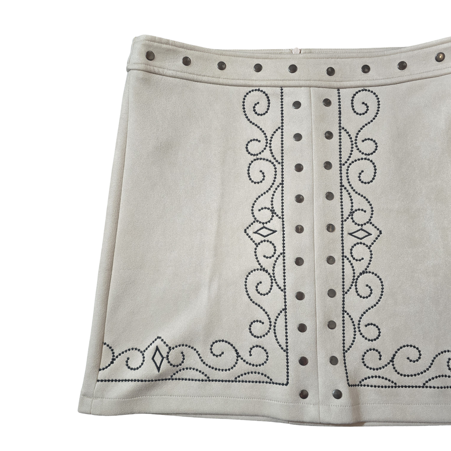 Glamorous Cream Faux Suede Mini Skirt – Size L (UK size 12) – Stud & Embroidered Detail