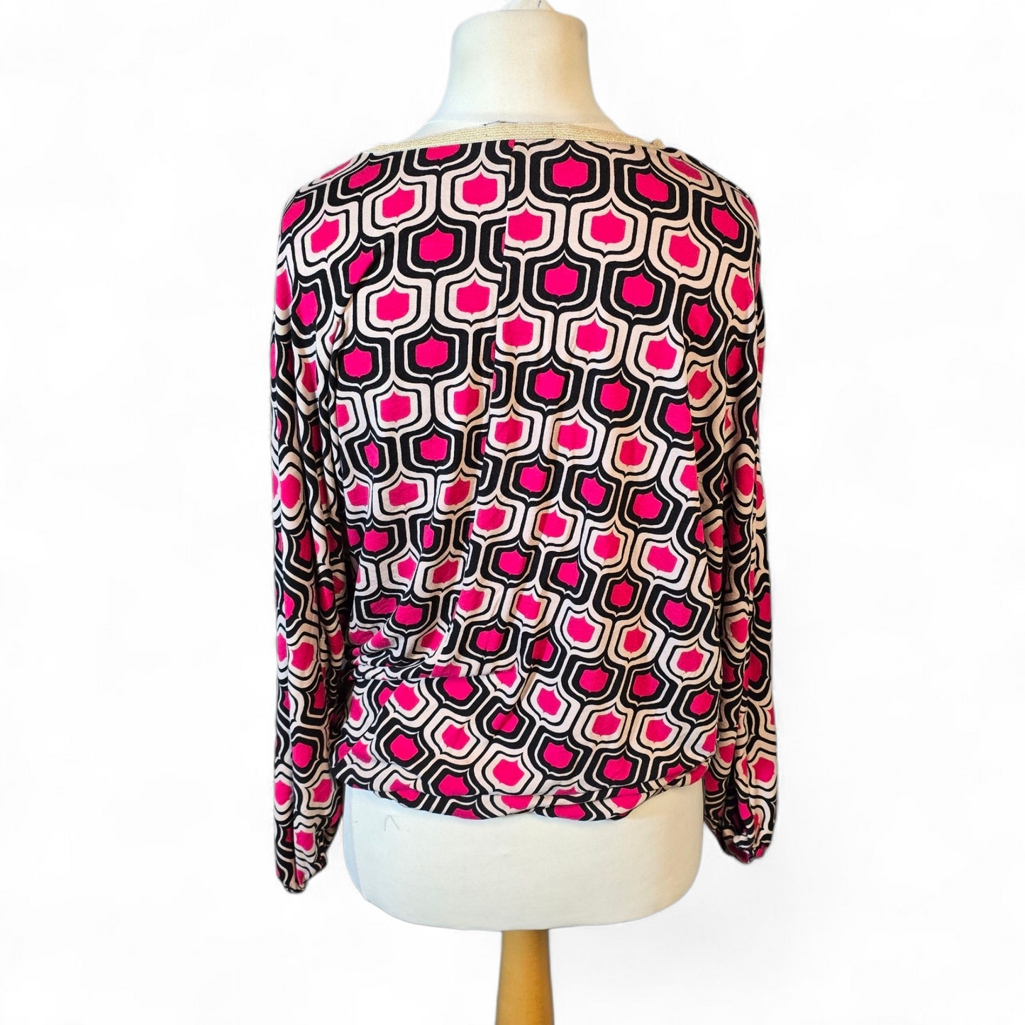 Bonmarché Pink, Black & Beige Patterned Top – Gold Trim, Batwing Sleeves – Size 12