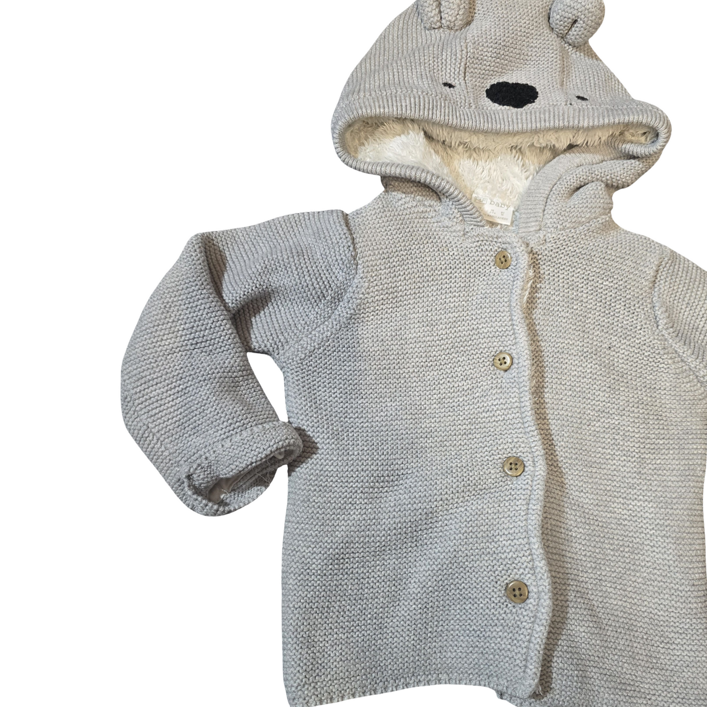 F&F Grey Knit Hooded Cardigan – Unisex 6–9 Months – 100% Cotton with Fleece Lining Girls Boys