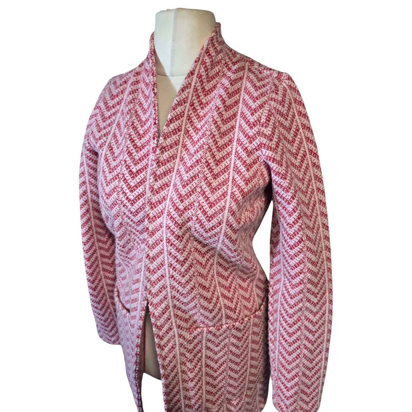 Next Pink & Red Knit Open Overcoat – Size 8 – Midi Length with Pockets