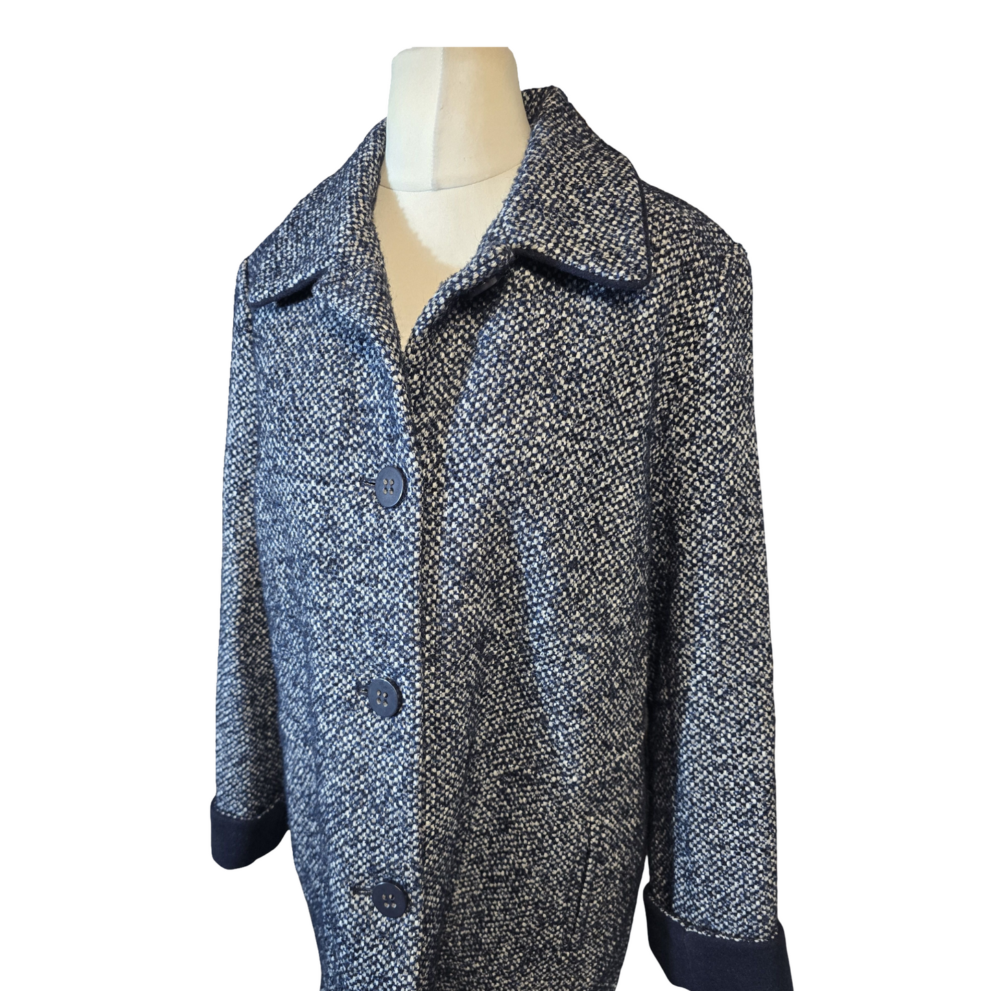 Eastex Navy & White Knit Midi Coat – Button Front, Pockets, Size 14