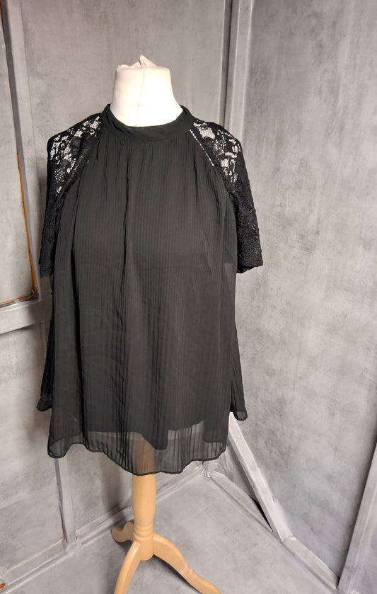 Black Sheer Pleated Top with Lace Sleeves – Size 12