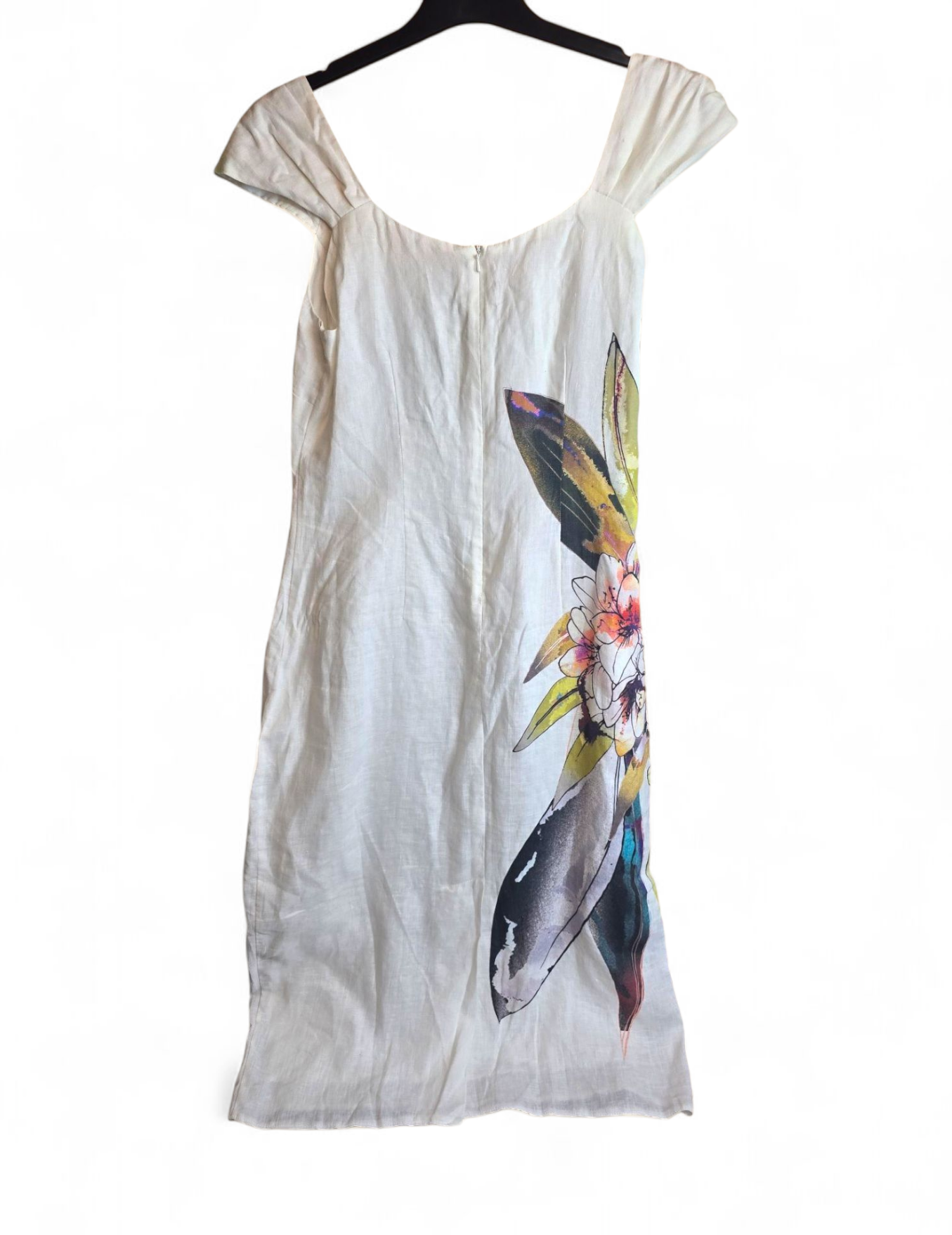 Michaela Louisa white floral short sleeved midi dress 100% linen size 8