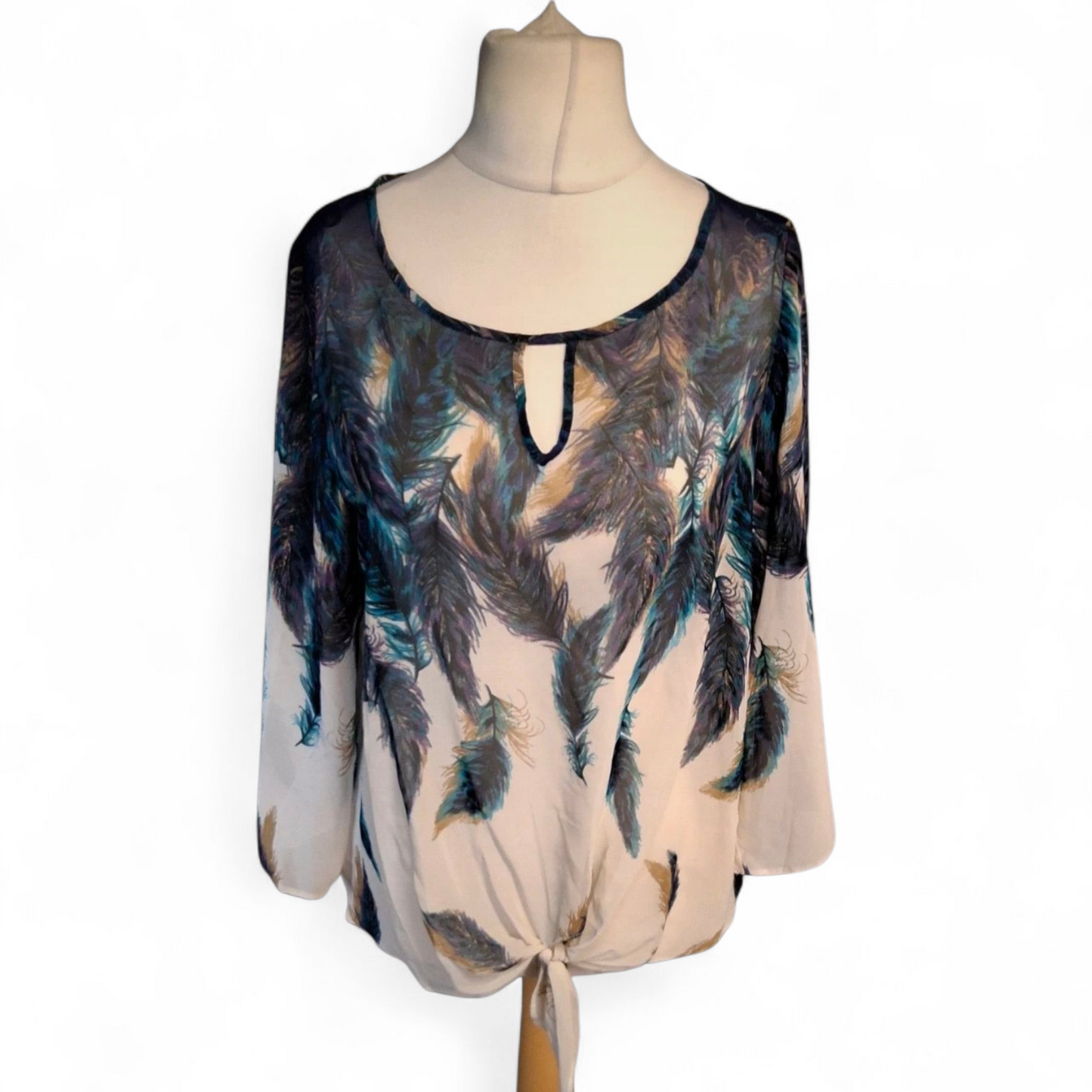 Wallis Purple, Blue & White Feather Print Sheer Tie-Front Blouse – Size 10 Petite