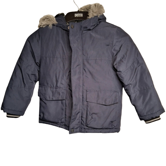F&F Boys Navy Winter Coat – Faux Fur Hood, Age 5–6yrs