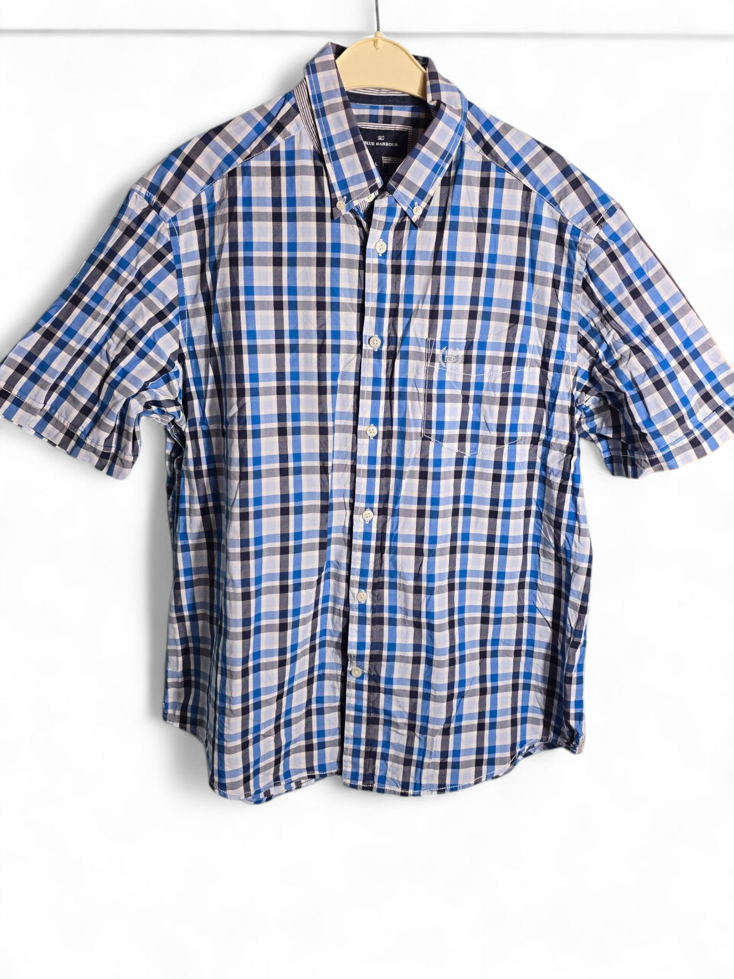 Blue Harbour M&S Blue & White Checked Shirt – Size L, Short Sleeve, Cotton, Chest Pocket