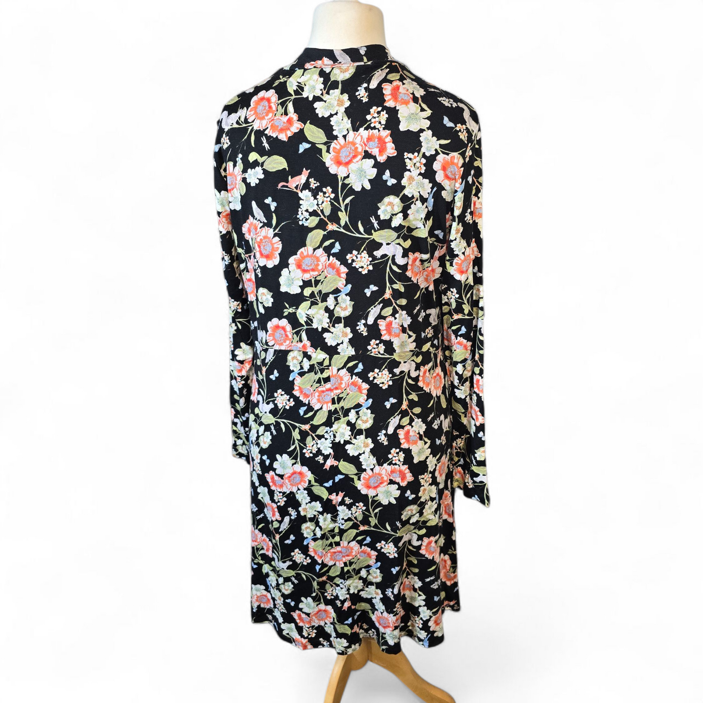 Tu Black Floral Stretch Dress – High Neck, Knee to Midi Length – Size 16