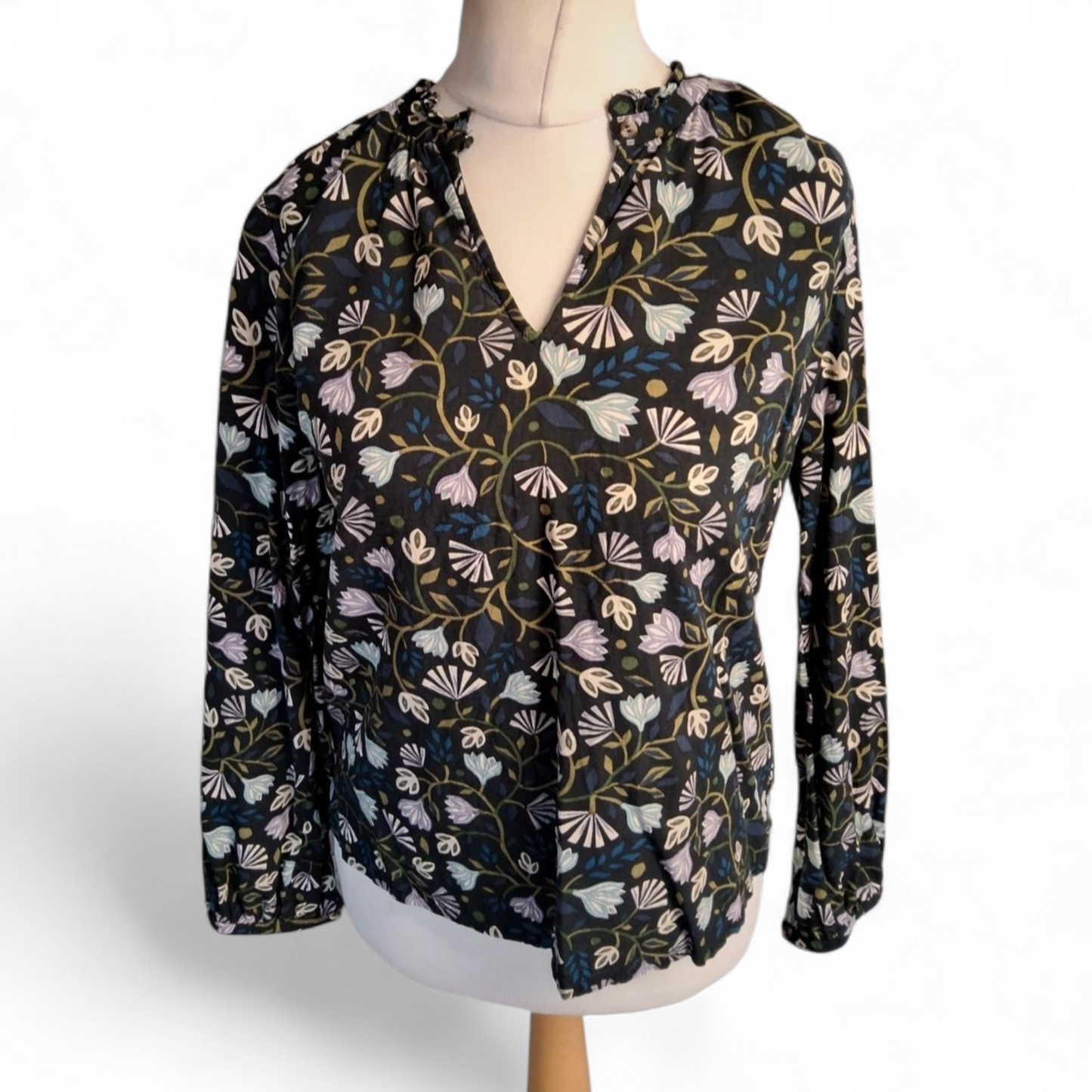 Seasalt Cornwall Black Floral Long Sleeve Blouse – Size 10 – Cotton Blend