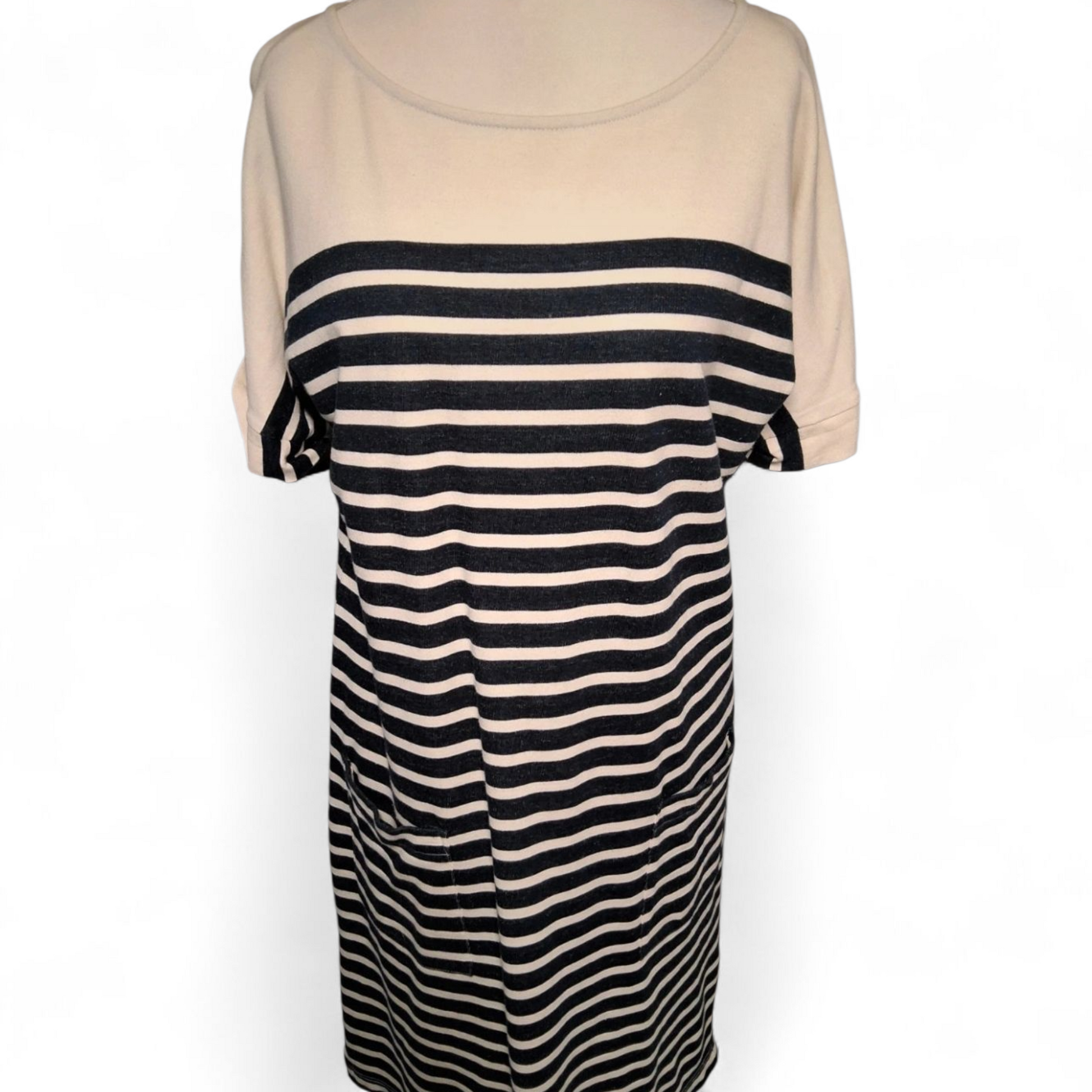 White Stuff Navy & White Stripe Cotton Midi Dress – Size 12