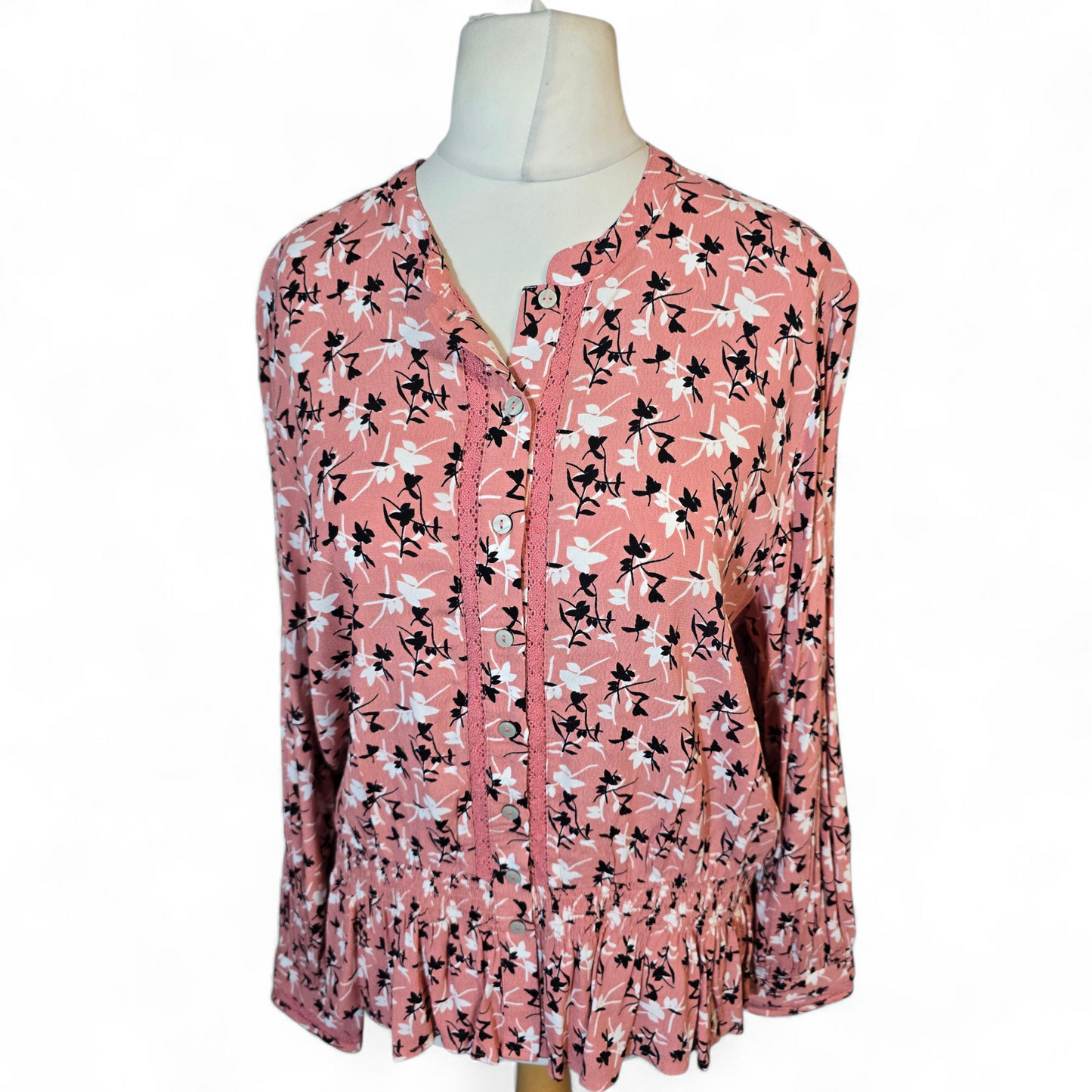 M&S Pink Floral Peplum Blouse – Size 18 – 100% Cotton Button Front