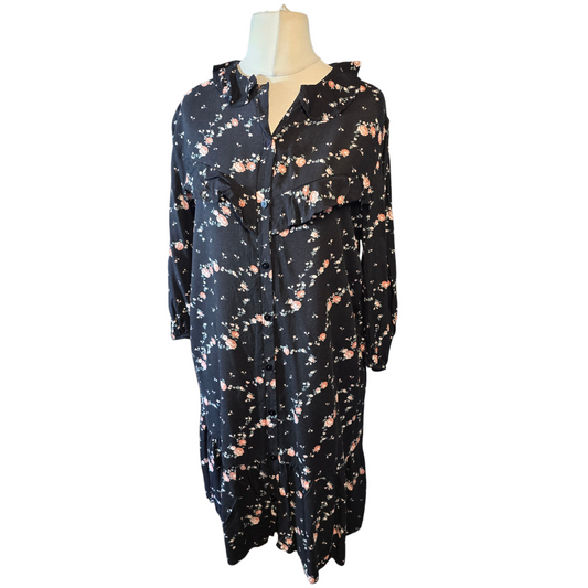 Primark Black Floral Frill Collar Dress – Size 10 – 3/4 Sleeve Viscose