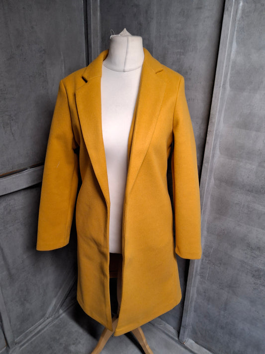 F&F Mustard Yellow Open Front Midi Coat – Size Small (8–10) – Bright & Chic