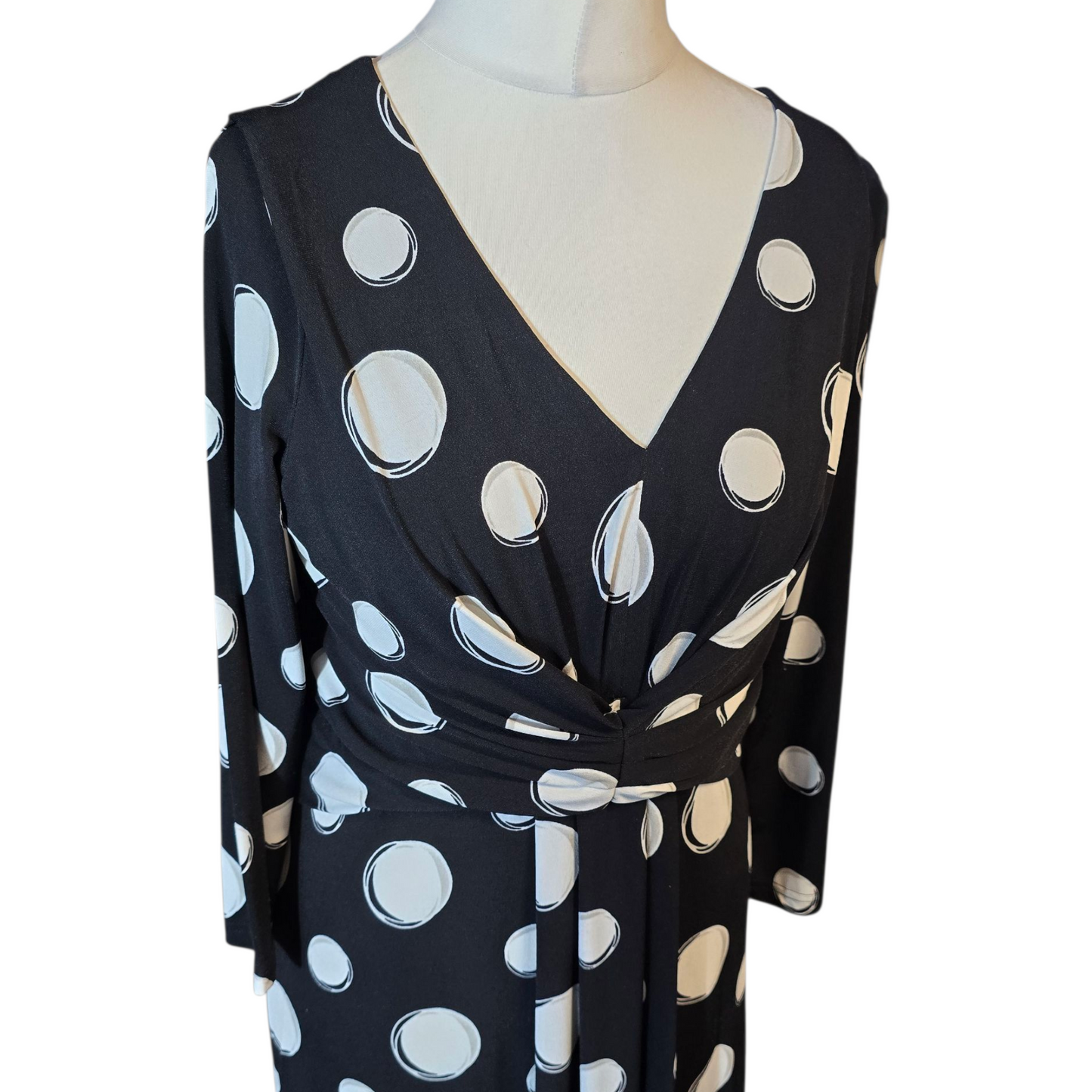 Roman Black & White Polka Dot Midi Dress – Size 12 – V-Neck – Bodycon Fit – Stretchy