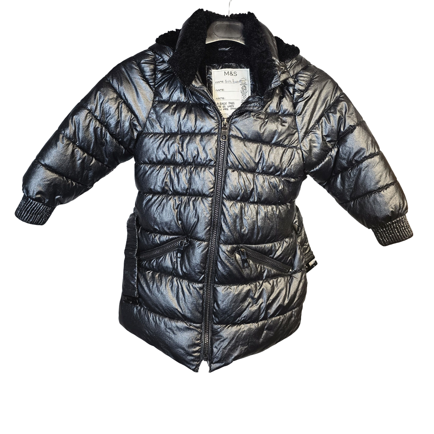 M&S Black Metallic Puffer Jacket – Fleeced Hood & Collar, Size 3–4 Years