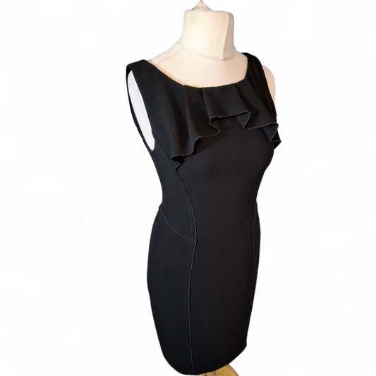 Karen Millen Black Sleeveless A-Line Dress – UK 12 – Frill Detail, Lined