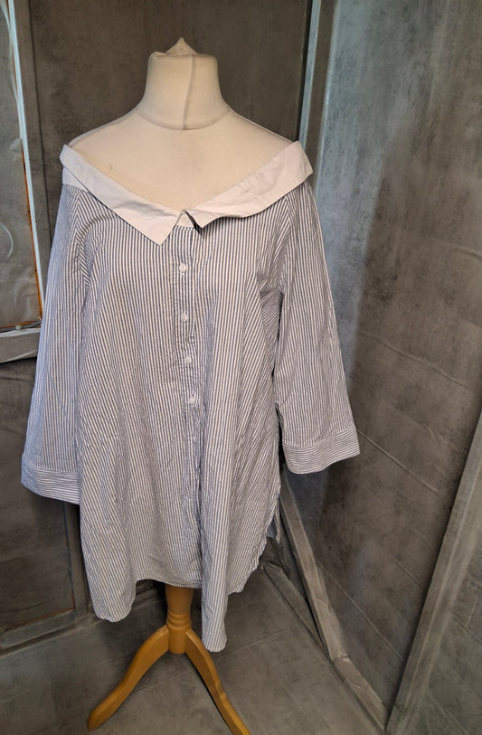 Simply Be Blue & White Striped Off-Shoulder Shirt – Size 20 – 100% Cotton 