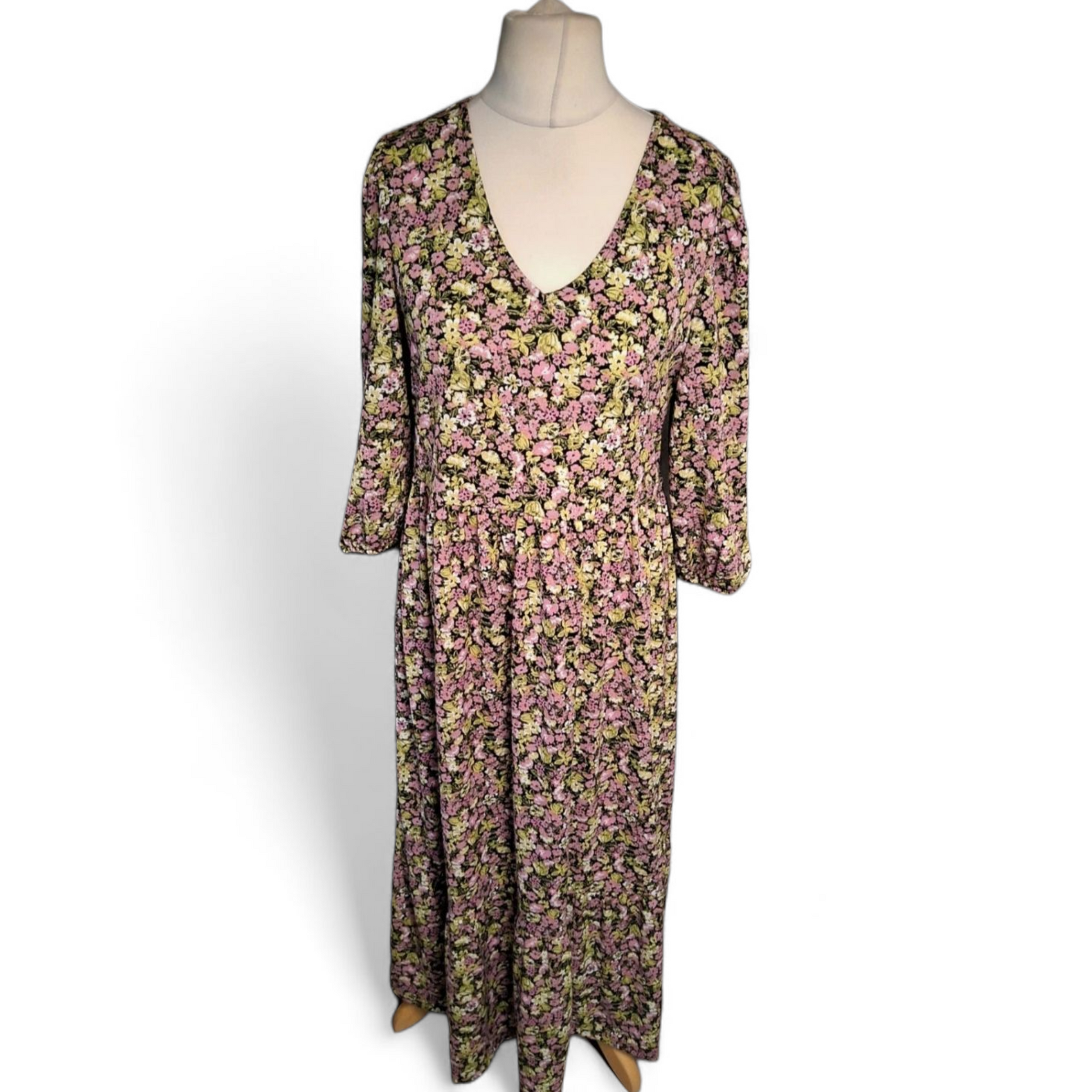 Nutmeg Pink & Green Floral Midi Dress – Size 12
