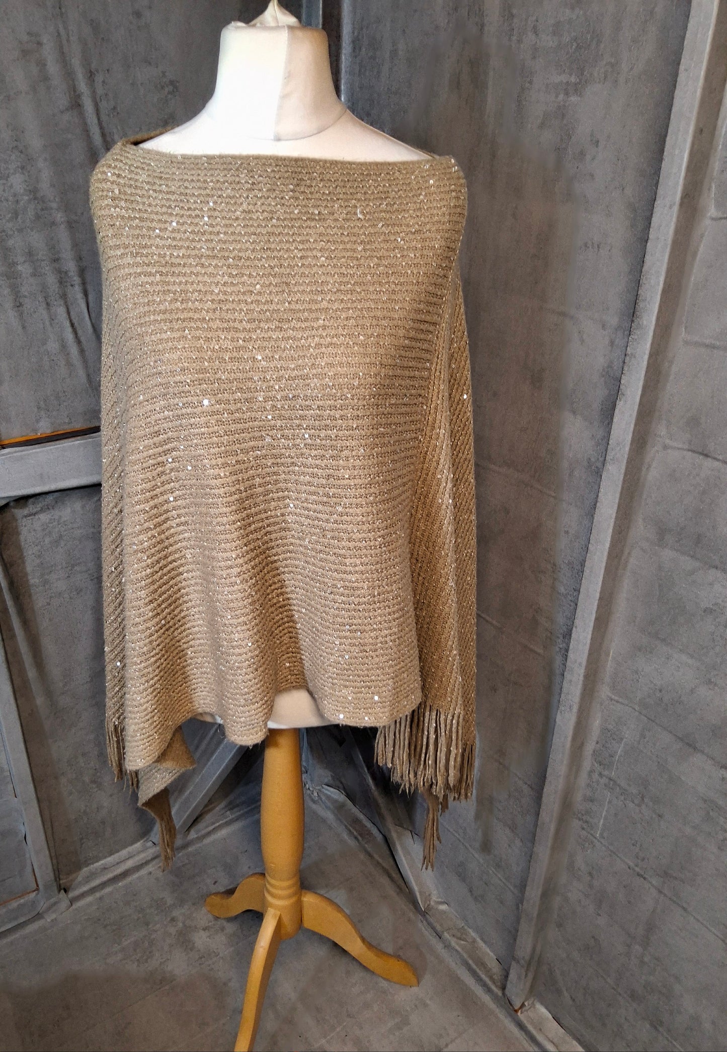 Beige Knitted Sequin Poncho with Tassel Trim – One Size (Fits 12–18)