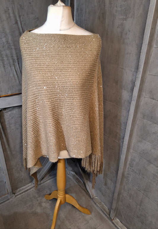 Beige Knitted Sequin Poncho with Tassel Trim – One Size (Fits 12–18)