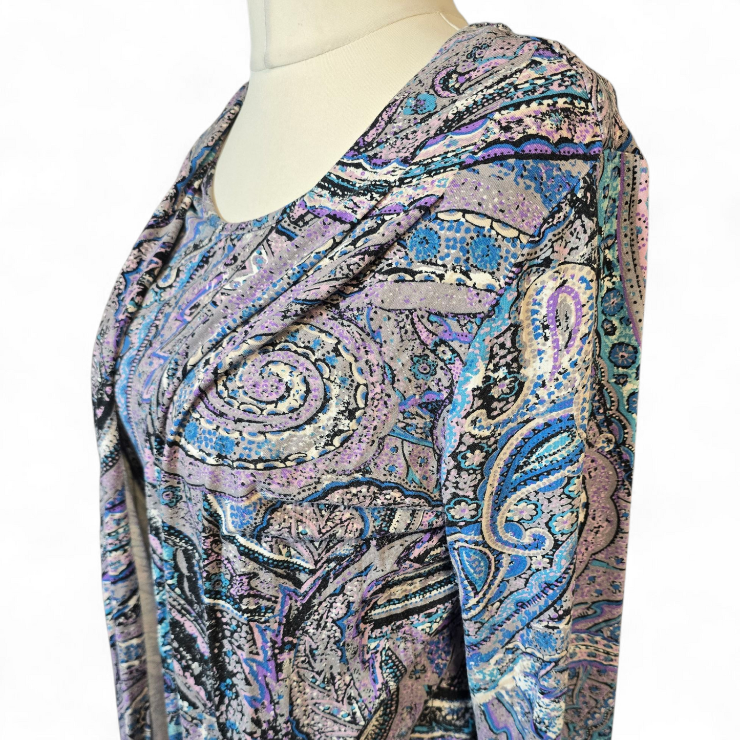 Per Una Purple, Green & Blue Patterned Layered Top – Size 16 – Stretchy Fit