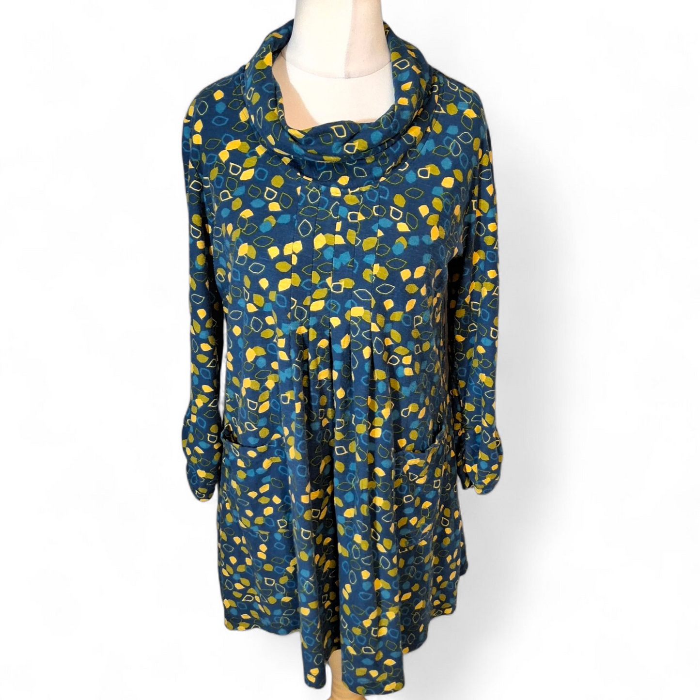 Adini Blue & Yellow Patterned Roll Neck Cotton Dress – Size M (UK size 14)