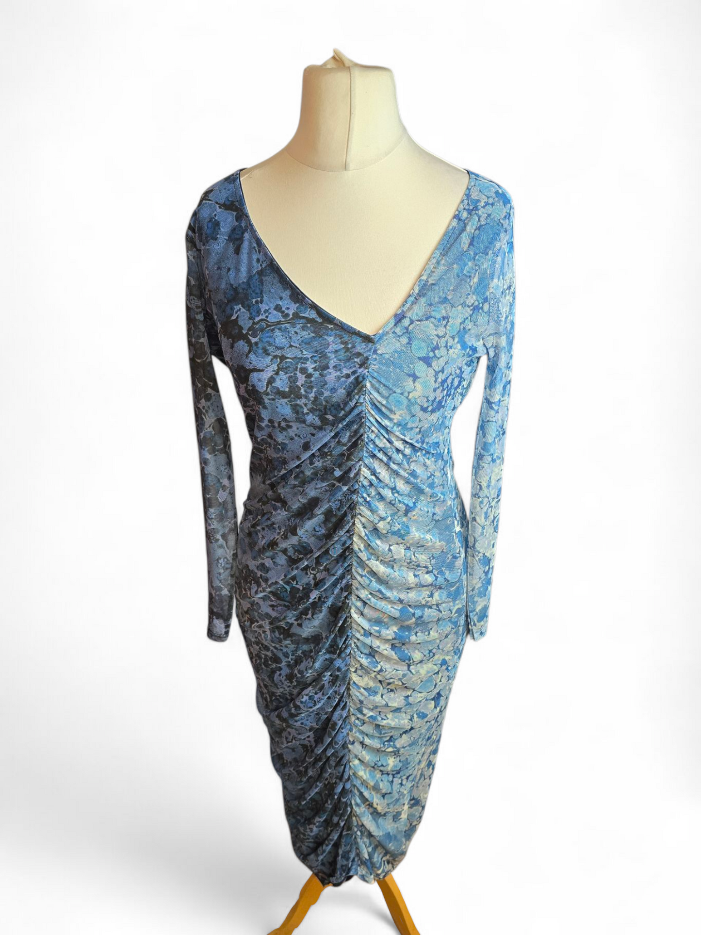 Warehouse Petite Blue Midi Dress Size 14 – Sheer Sleeves, Ruched Waist, Lined, V-Neck, Polyester