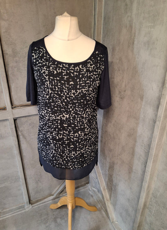 Next Navy Animal Print Contrast Top – Silky Front & Linen Back – Size 10