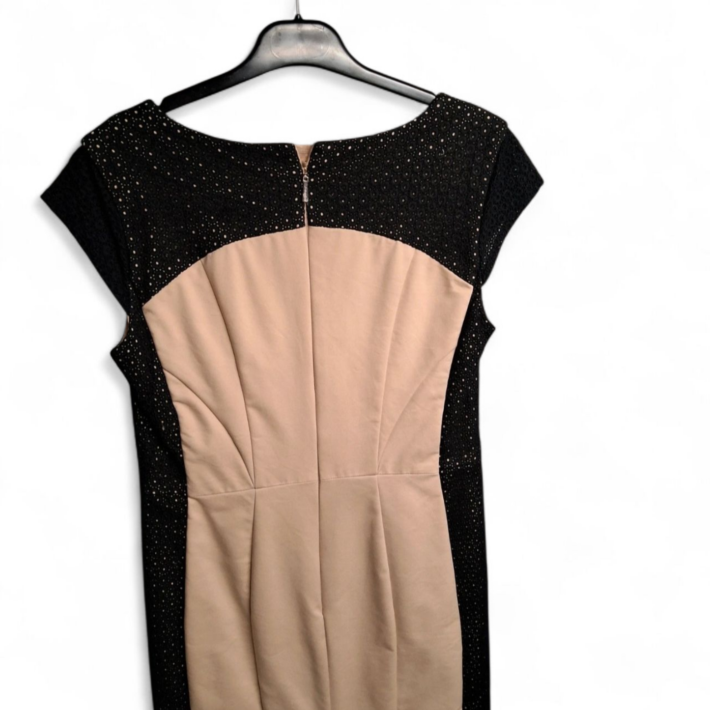 Autograph Beige & Black Pencil Dress – Size 10 – V-Neck Midi