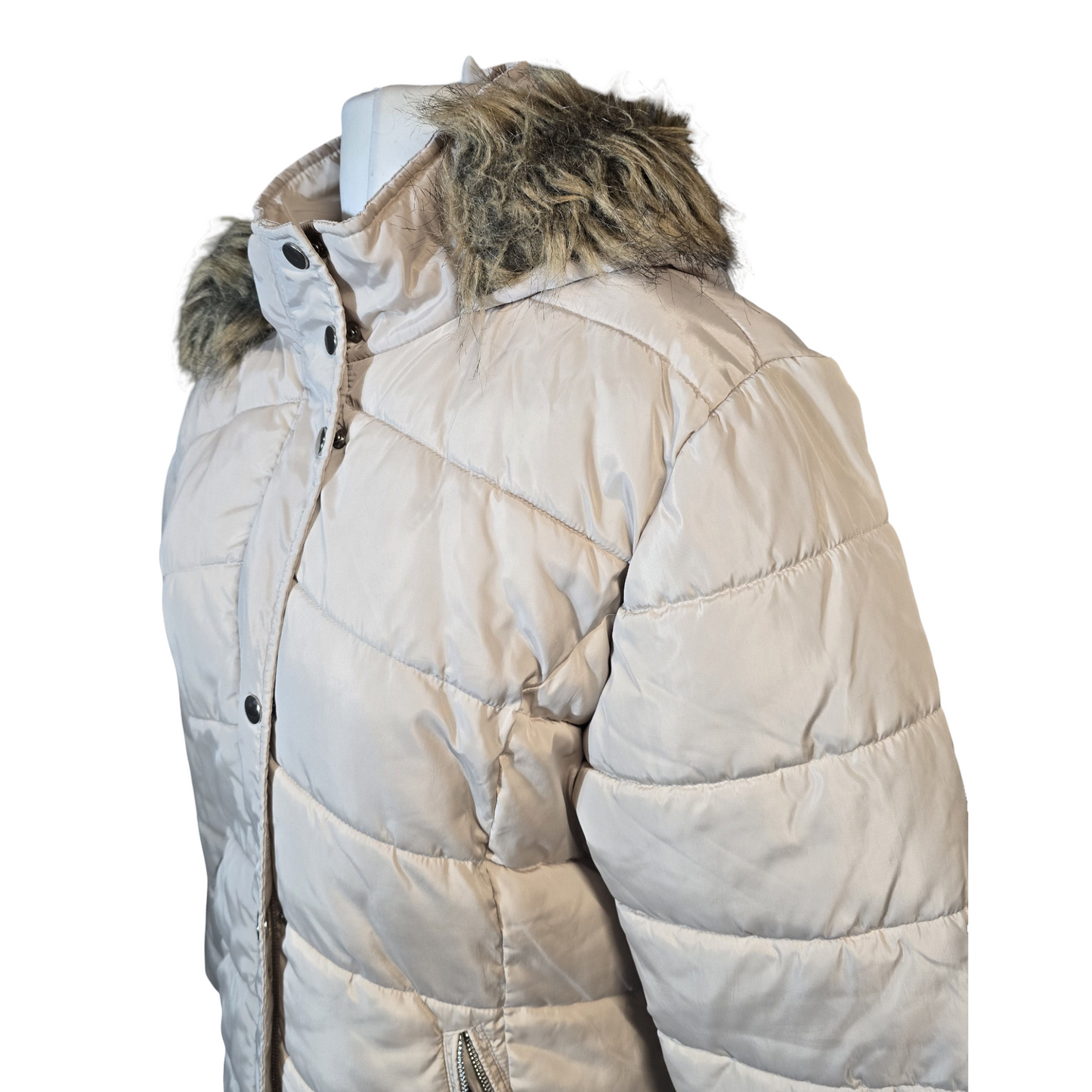 PLT Cream Puffer Coat with Faux Fur Hood – Size 12