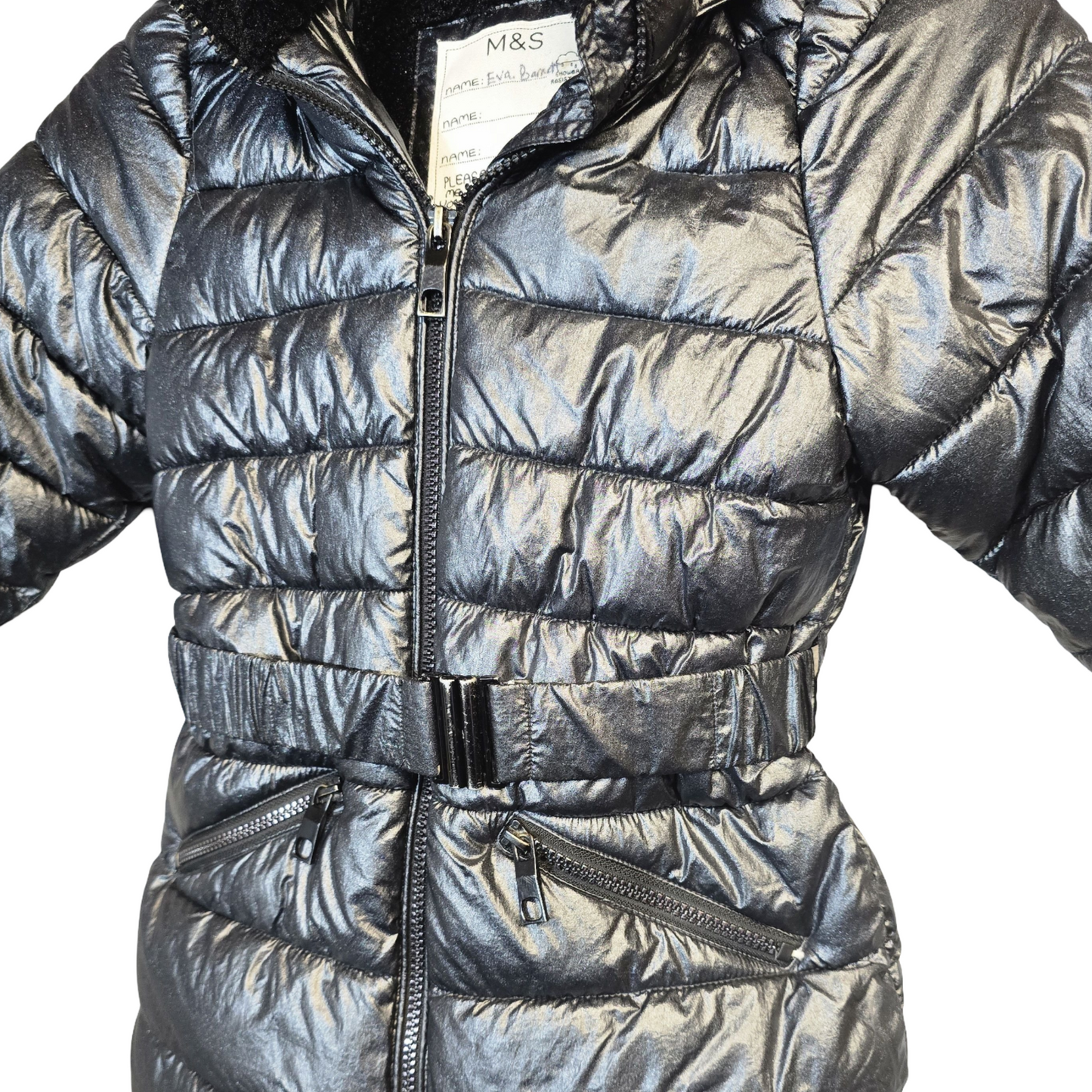 M&S Black Metallic Puffer Jacket – Fleeced Hood & Collar, Size 3–4 Years Girls