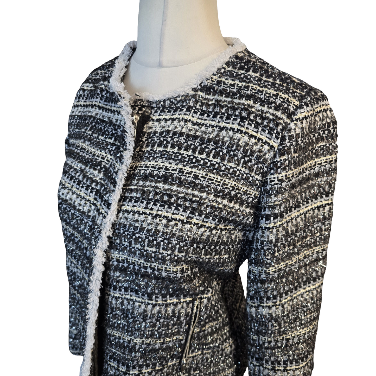 Next Tailoring Black & White Tweed Blazer – Size 10R – Zip Front & Pockets