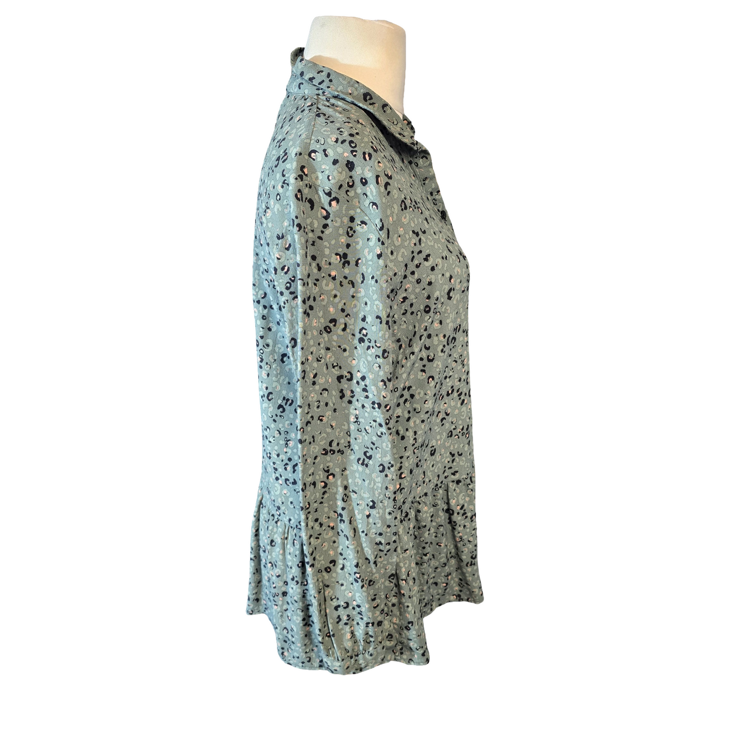 Reserved YFL Khaki Green Animal Print Shirt – Frill Hem – Size 12 – Button Front