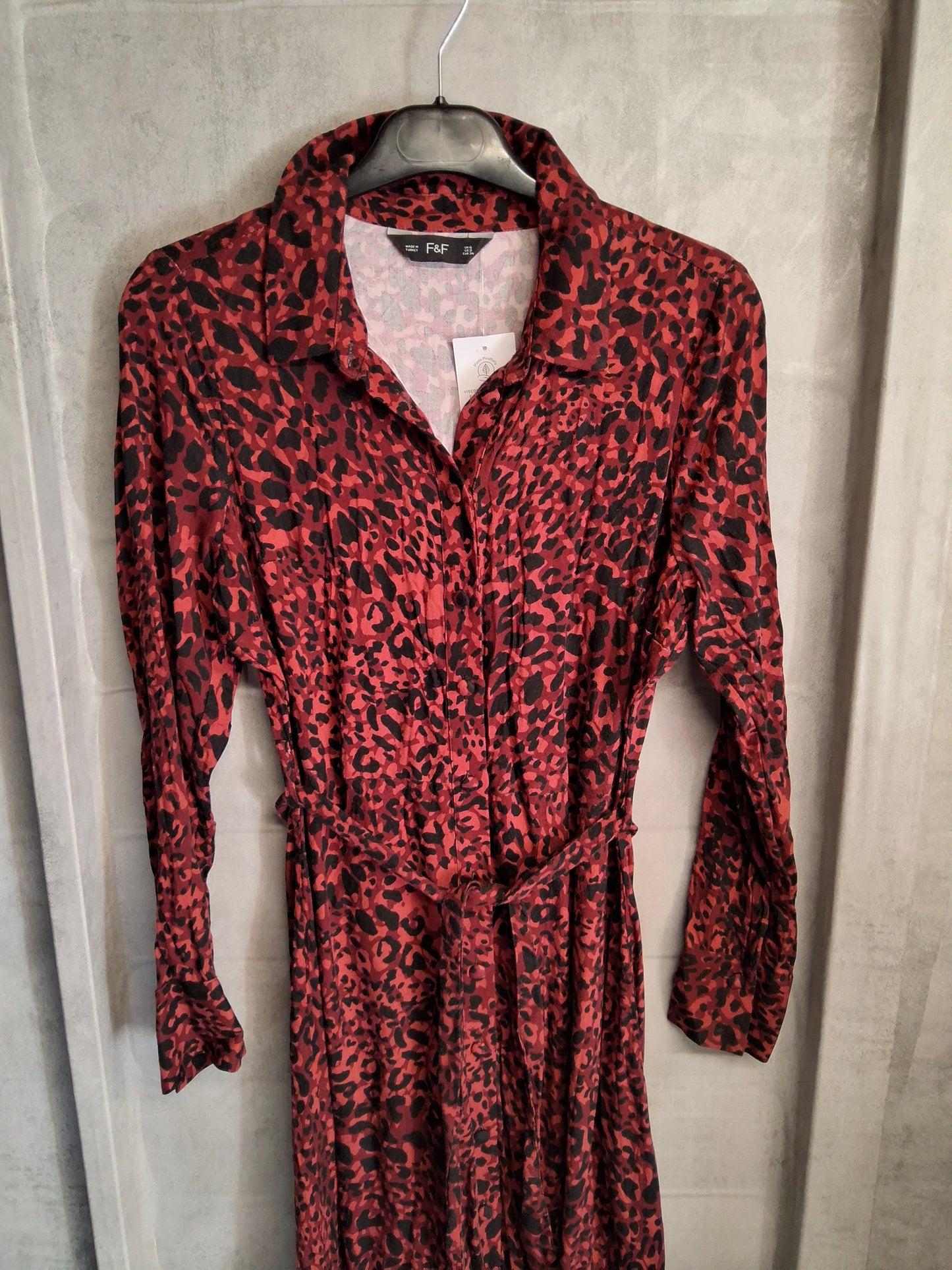 F&F Red & Black Animal Print Midi Shirt Dress – UK 6 – NWT