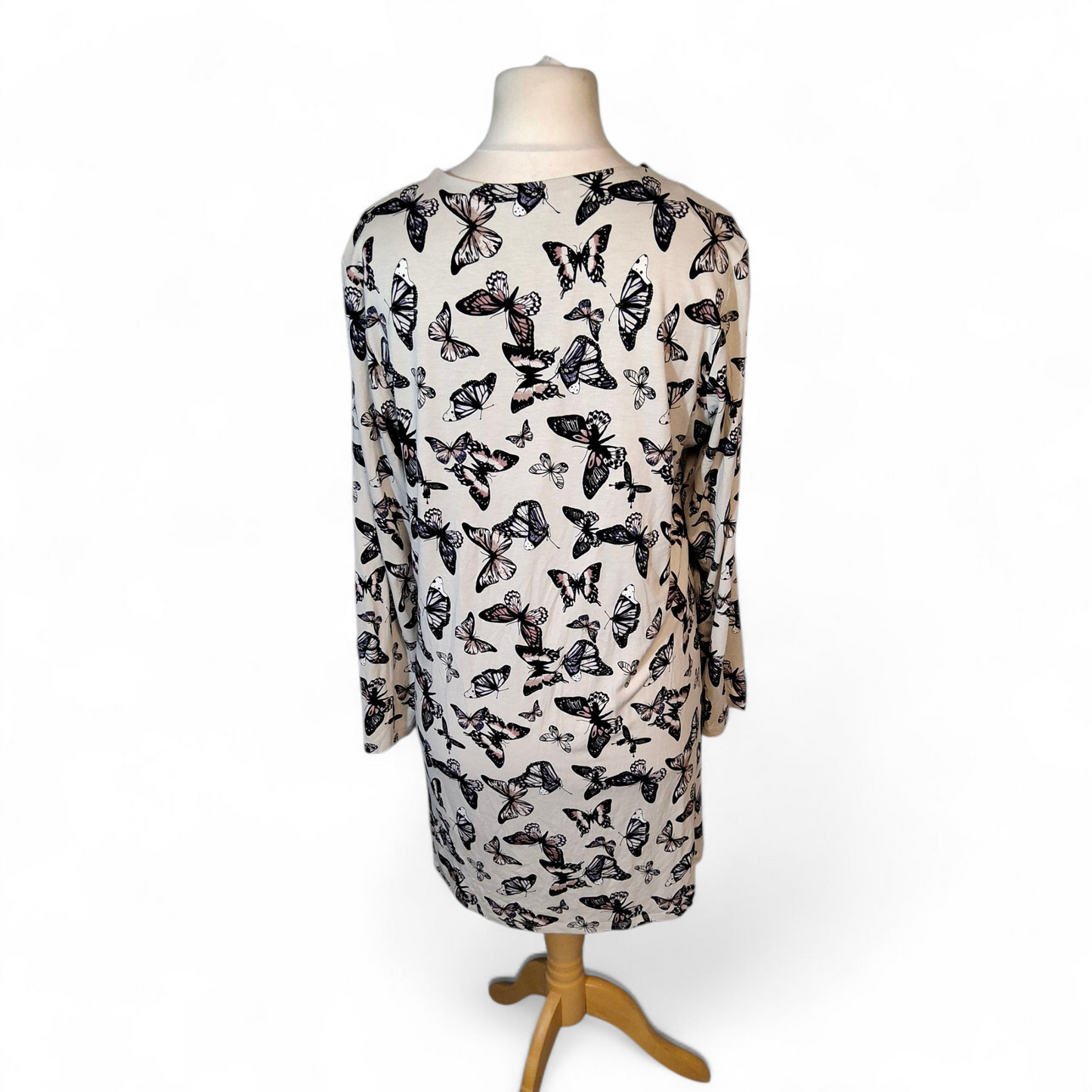 Per Una Cream Butterfly Print Long Top – UK 18 – Pleated Hem & Stretchy Viscose